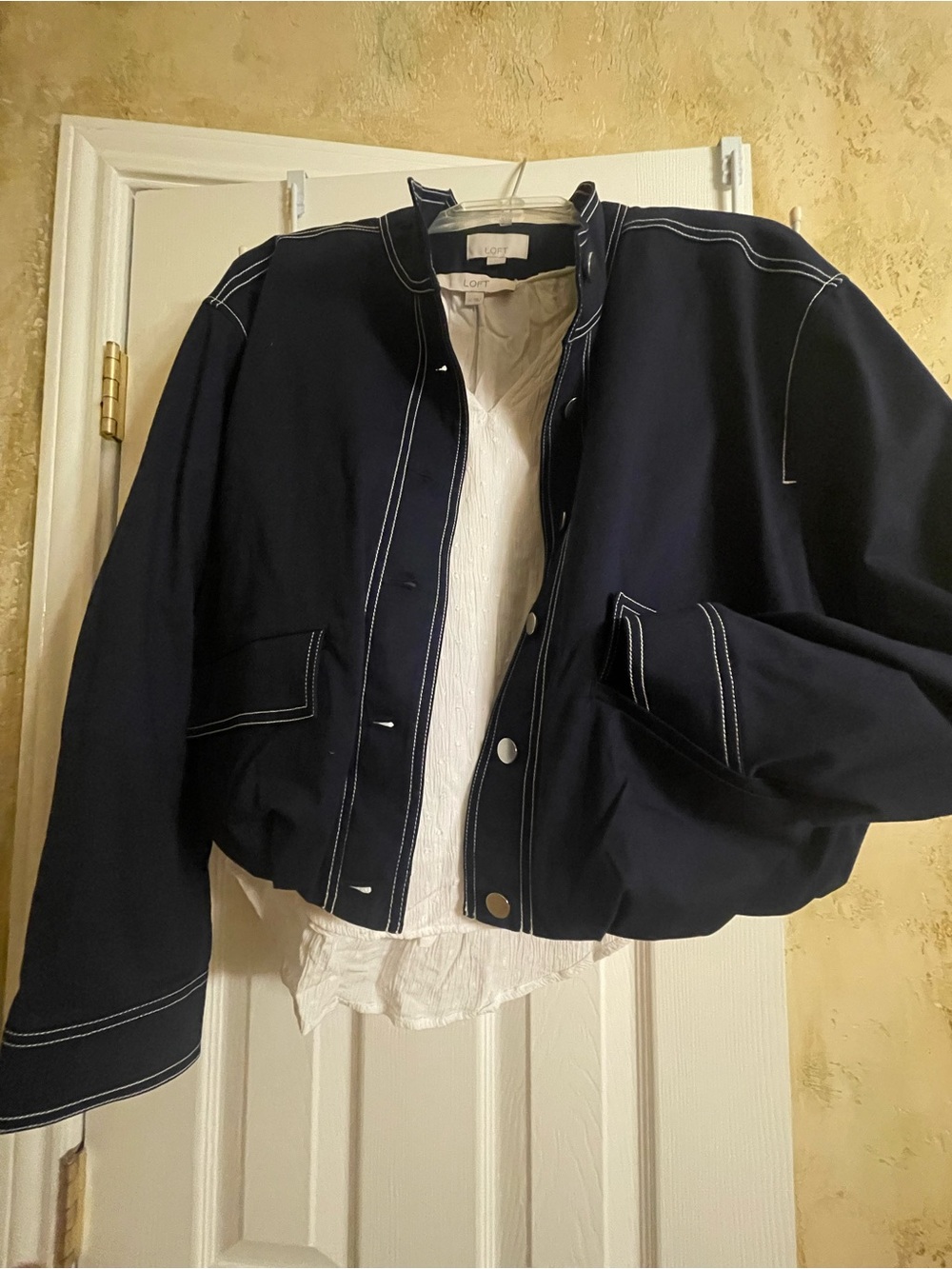 LOFT Navy Bomber Jacket with White Contrast Stitching